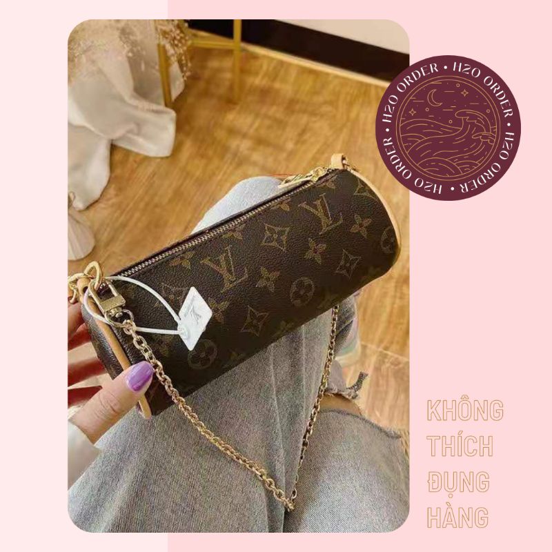 LOUIS VUITTON - nâu Túi trống đeo chéo, đeo vai hoạ tiết LV phối dây xích màu nâu, trắng sang chảnh