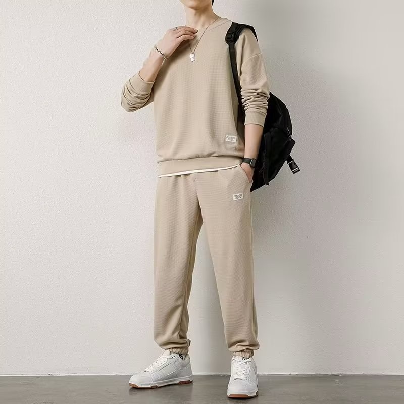 Eight-color waffle casual suit men m-5xl long-sleeved trendy pants two-piece suit autumn all-match classy sweatshirt large