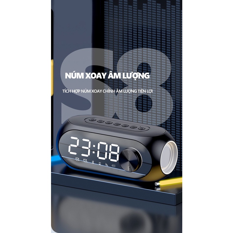 Đồng hồ để bàn decor S8, loa bluetooth không dây mini có báo thức làm đèn ngủ đo nhiệt độ phòng