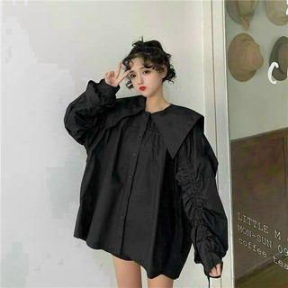 Áo sơ mi form rộng trắng, kẻ, đen