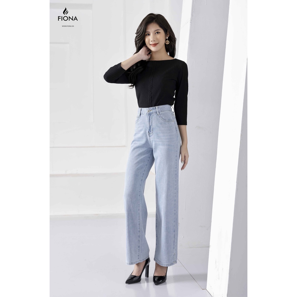 Áo thun cotton nữ cổ thuyền FIONA, áo thun dài tay dáng ôm, sọc tăm ngực phối ren F520687