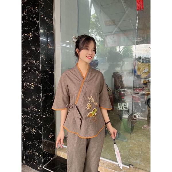 Bộ nữ đi chùa chéo nơ vải tixi