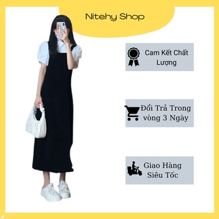 Set váy yếm nữ đen dài 2 dây dáng suông kèm áo sơ mi trắng kiểu dáng Hàn Quốc NITEHY 4