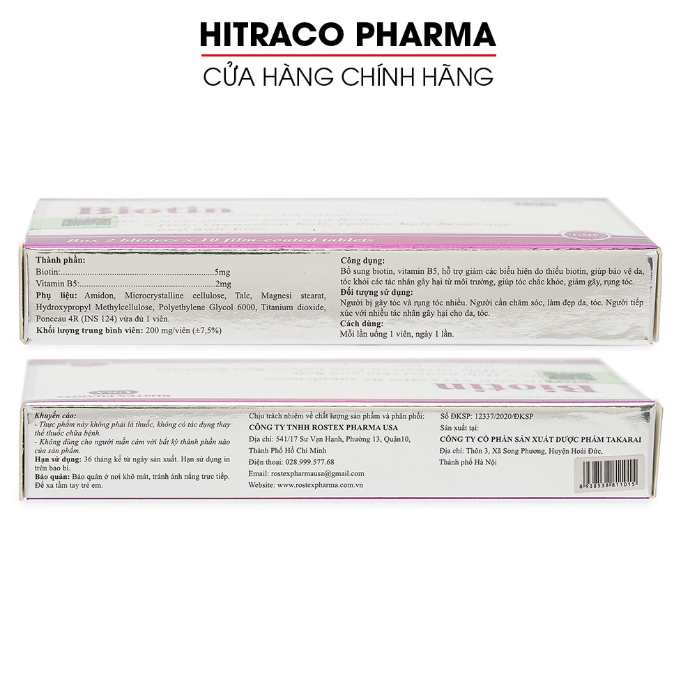 Viên uống bổ sung Biotin, Vitamin B5 giúp tóc chắc khỏe, giảm gãy rụng tóc - Hộp 20 viên | BigBuy360 - bigbuy360.vn