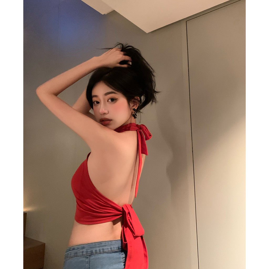 Áo Yếm Hở Lưng Có Mút Ngực Cột Dây Áo Yếm Hở Lưng Sexy Kèm Mút Đệm Ngực Buộc Dây Sau Sát Nách Màu Trắng Đen Xanh Cam Đất