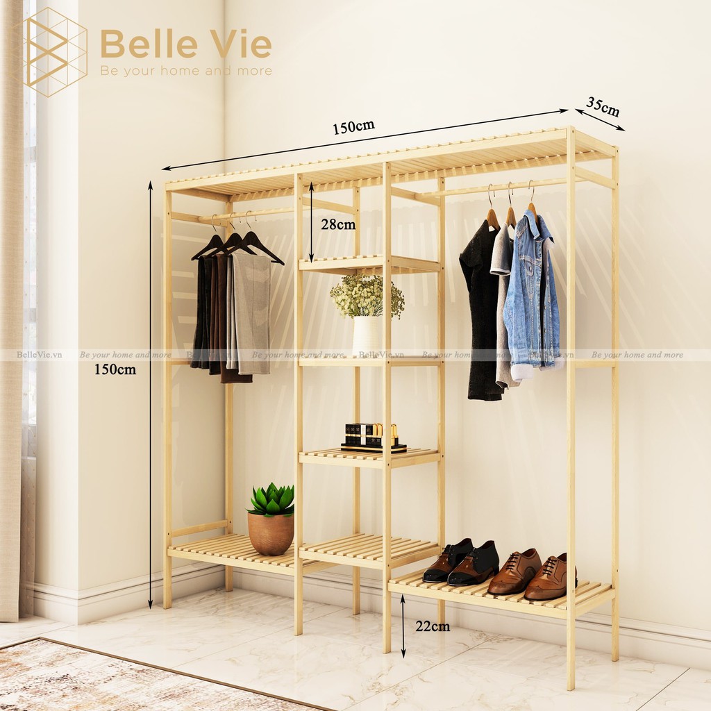 Tủ Quần Áo Gỗ, Kệ Đựng Đồ Đa Năng BelleVie Lắp Ráp Đơn Giản KT 151cm x 35cm x 130cm