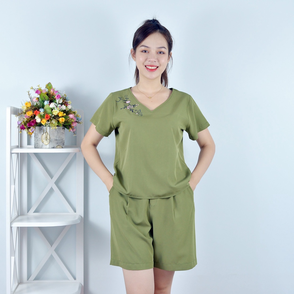 Bộ đồ nữ MÀU RÊU IN HOA VAI SIÊU XINH   - vải lụa cao cấp - Cực Kì Sang Chảnh - Qúy phái