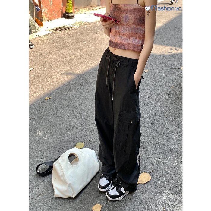 Quần Yếm Ống Rộng Lưng Cao Dây Rút Màu Đen Phong Cách Retro Mỹ Thời Trang Mùa Hè Cho Nữ
