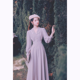 Váy đầm thu đông vintage classic cổ điển retro tiểu thư dáng xòe dài quá gối tay bồng cổ bẻ công sở freesize