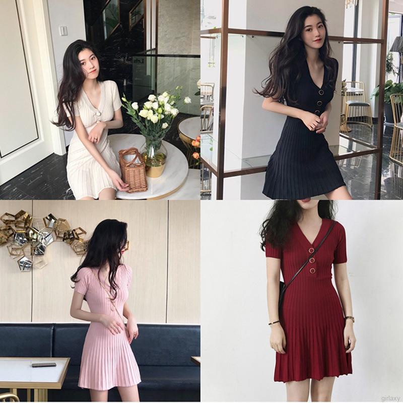Đầm Dệt Kim Tay Ngắn Cổ Chữ V Màu Sắc Đơn Giản Phong Cách Hàn Quốc Thời Trang Cho Nữ