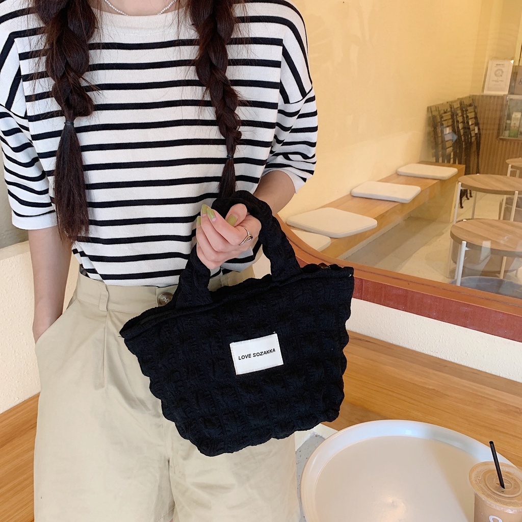 Túi cầm tay vải xốp, túi tote mini phong cách Hàn Quốc