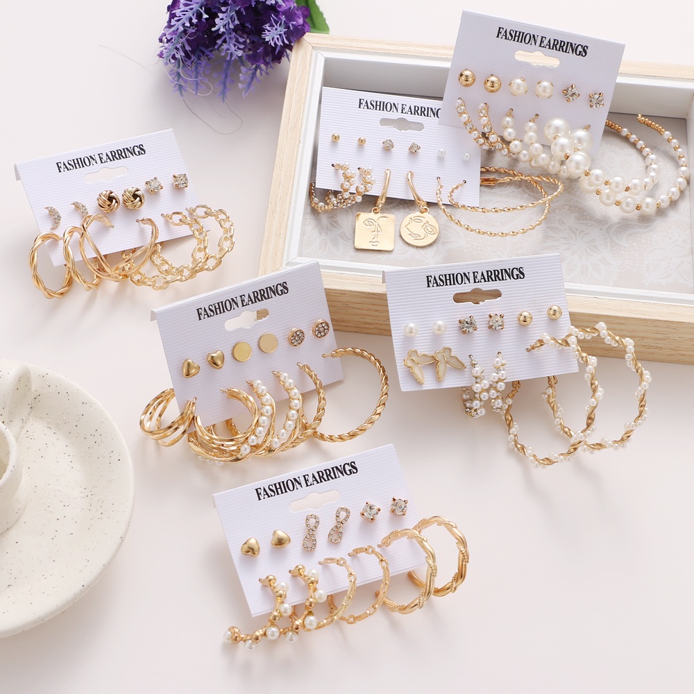 Bộ 6 cặp khuyên tai phối ngọc trai giả phong cách hình học đơn giản cho nữ