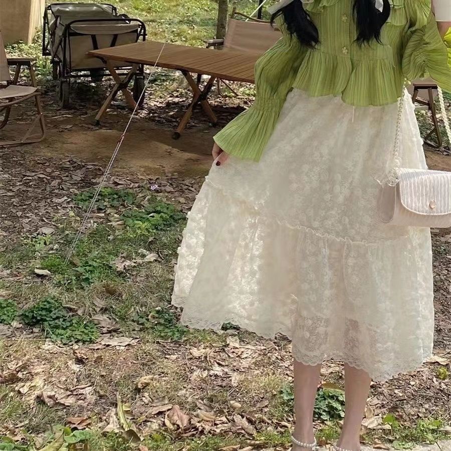 Set Áo Sơ Mi Phối Bèo Màu Xanh Lá + Chân Váy Dài Vừa Phải Thiết Kế Mới Trẻ Trung Cho Nữ