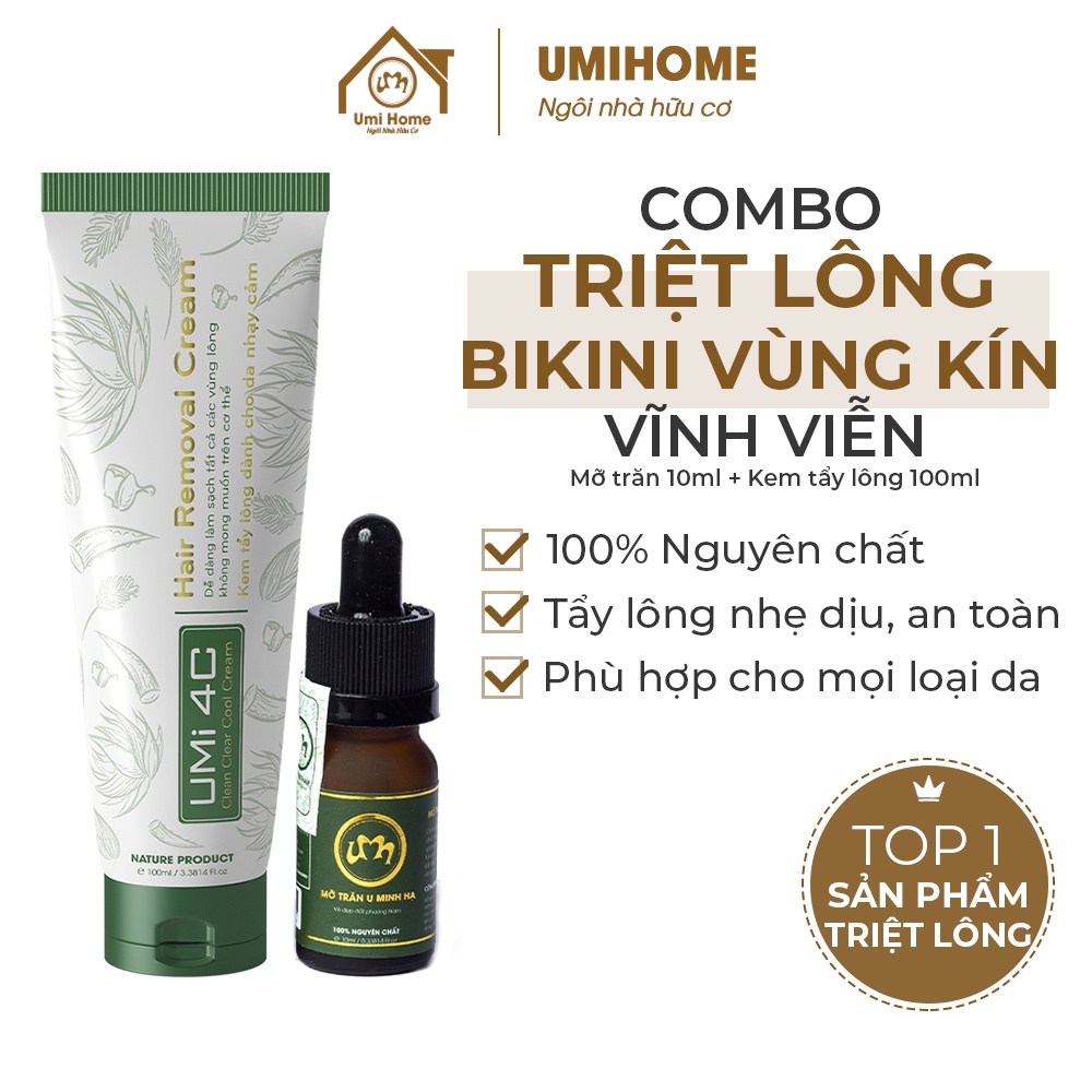 Combo triệt lông vĩnh viễn bikini, vùng kín, chân, tay, nách UMIHA ORGANIC với Mỡ trăn U Minh Hạ và Kem Tẩy Lông Umi 4C