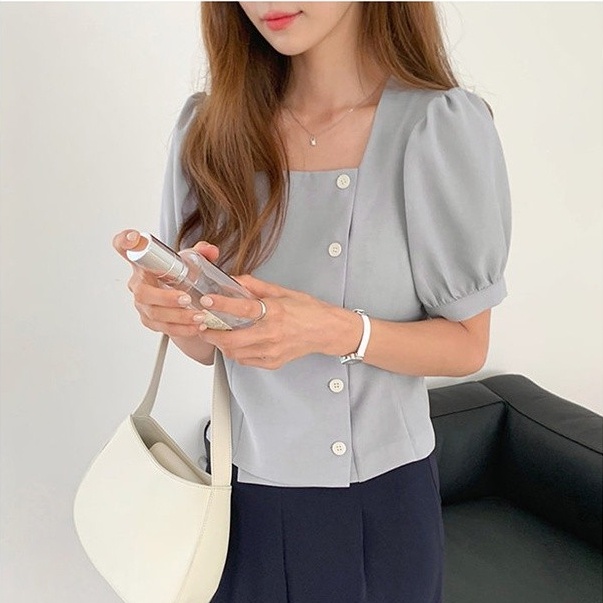 SUXI Áo Sơ Mi Tay Ngắn Cổ Vuông Màu Sắc Đơn Giản Phong Cách Hàn Quốc Thời Trang Mùa Hè Cho Nữ