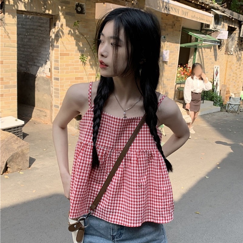 Áo Hai Dây Dáng Rộng Họa Tiết Sọc Caro Màu Đỏ Ngọt Ngào Phong Cách Hàn Quốc Thời Trang Mùa Hè Cho Nữ