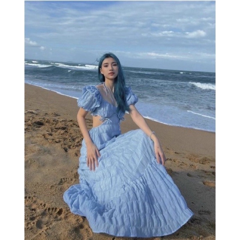 ĐOM ĐÓM DRESS VẢI VOAN NHĂN - ĐẦM MAXI XANH DƯƠNG CUT OUT LƯNG VIỀN BÈO✨ JA5K
