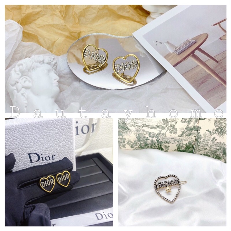 Set khuyên tai + kẹp tóc Dior tim đính đá kèm box 🍓