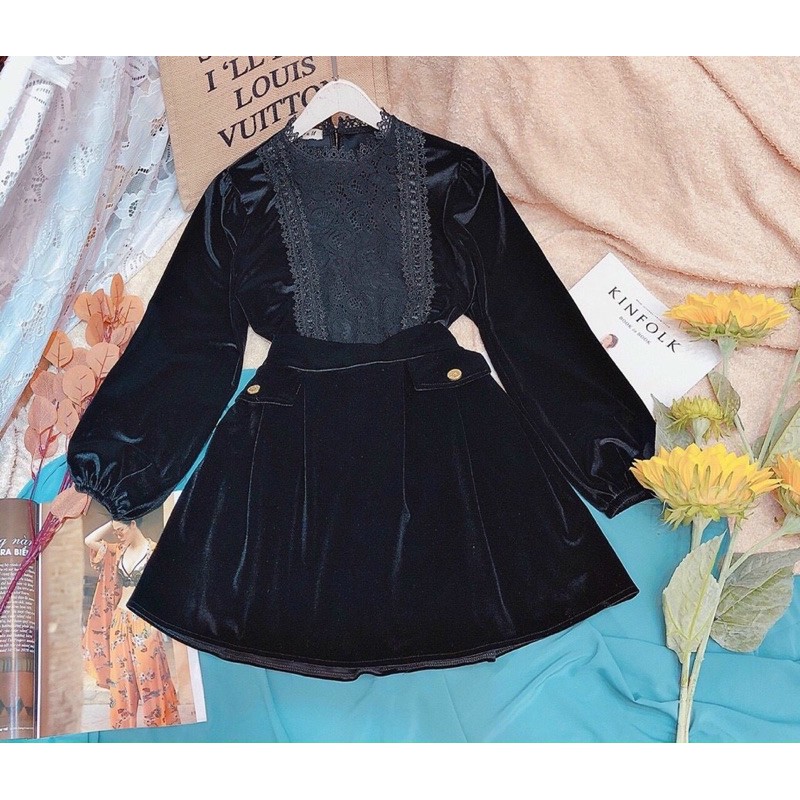 Đầm áo nhung ren chân váy