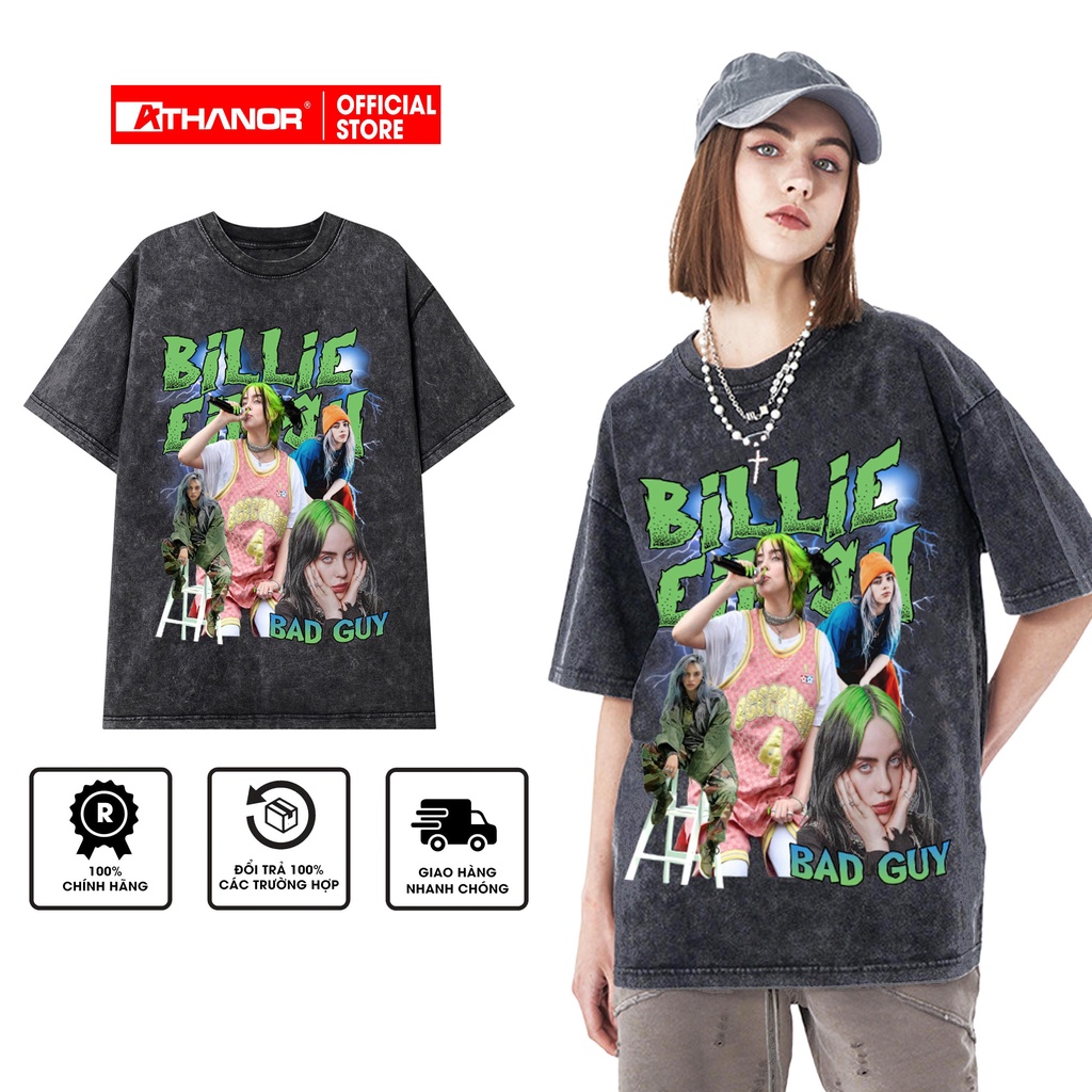 Áo thun wash ATHANOR tay lỡ form rộng unisex mẫu Billie Eilish
