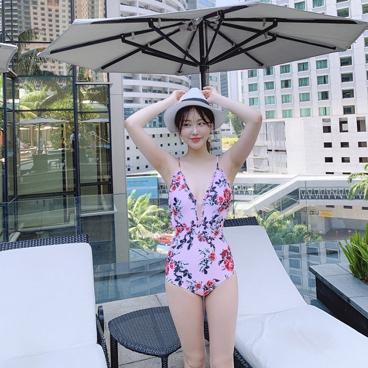 Đồ Bơi, Bikini 1 mảnh liền thân hoa, che Bụng, hồng Pastel #20164