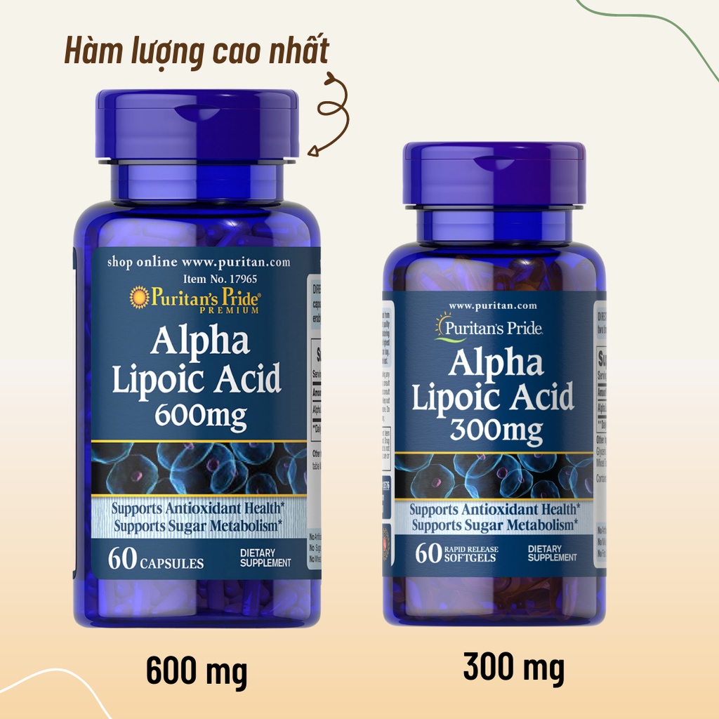 Viên uống đẹp da, chống lão hóa, trắng da, mờ thâm nám Alpha lipoic acid Puritan's Pride -  300mg – 600mg 60v