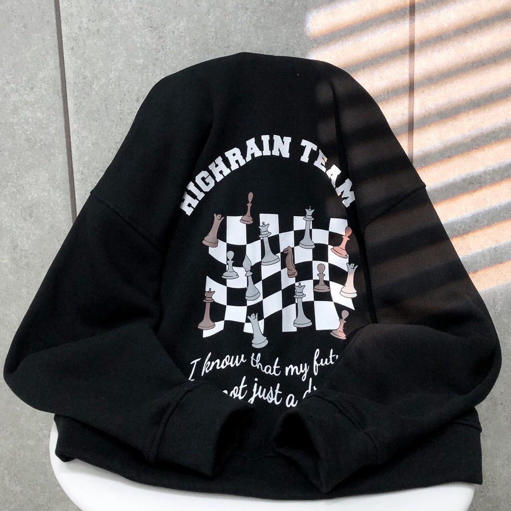 Khoác Nỉ Hooide Bàn Cờ In Hình Nam Nữ Tay BồngUnisex Mũ Rộng Form To