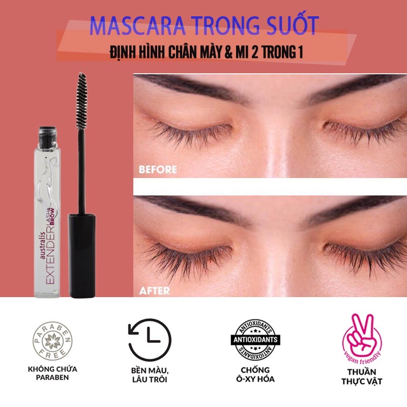 Mascara Trong Suốt Giữ Nếp Cong Mi, Gel Giúp Định Hình Lông Mày - Australis EXTENDER LASH CLEARN 2IN1