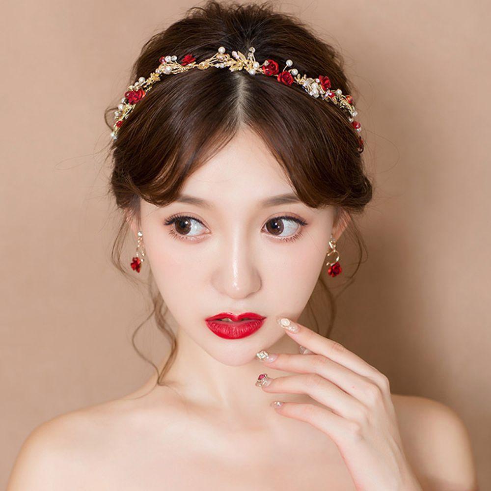 Bộ Khuyên Tai + Băng Đô Hình Hoa Hồng Thanh Lịch Thời Trang Cho Cô Dâu
