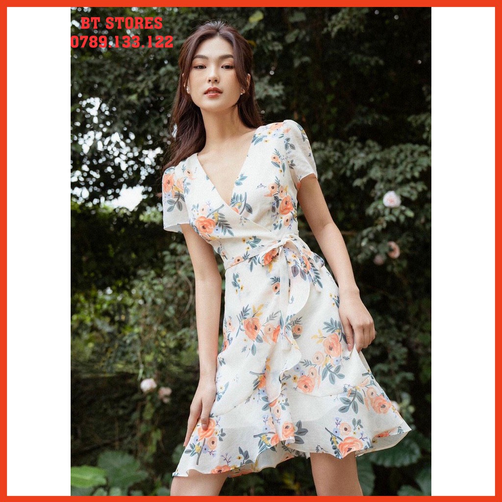 Đầm hoa cổ tim thắt nơ eo Luni (Bt034)