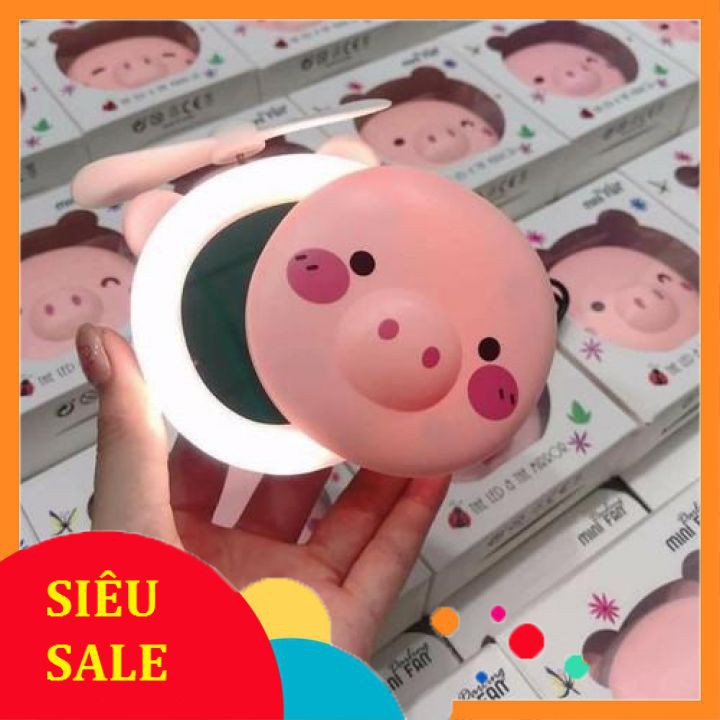 quạt gương hình thú có đèn led mini cằm tay siêu dễ thương, Quạt mini kèm gương và đèn led hình siêu cưng