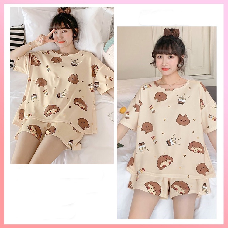 Đồ bộ nữ mặc nhà dễ thương set ngủ hoạt hình tay cộc quần cộc mùa hè chất cotton