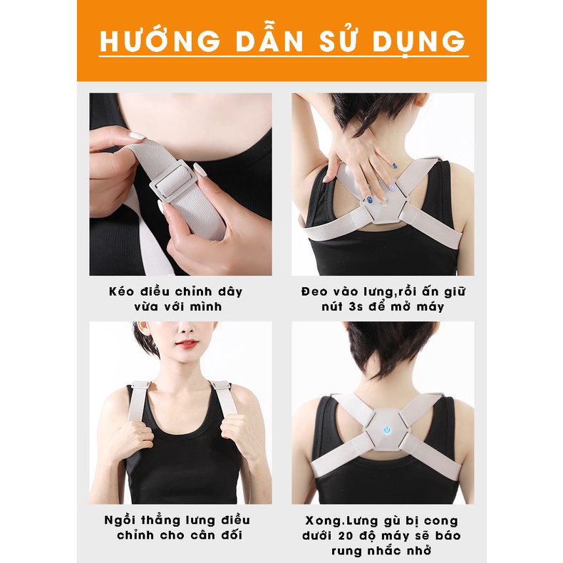 Đai Đeo Chống, Chỉnh Gù Lưng Cảm Biến Thông Minh Báo Rung Tự Động Cho Trẻ Em &amp; Người Lớn Tiện Lợi - Kèm Dây Sạc USB