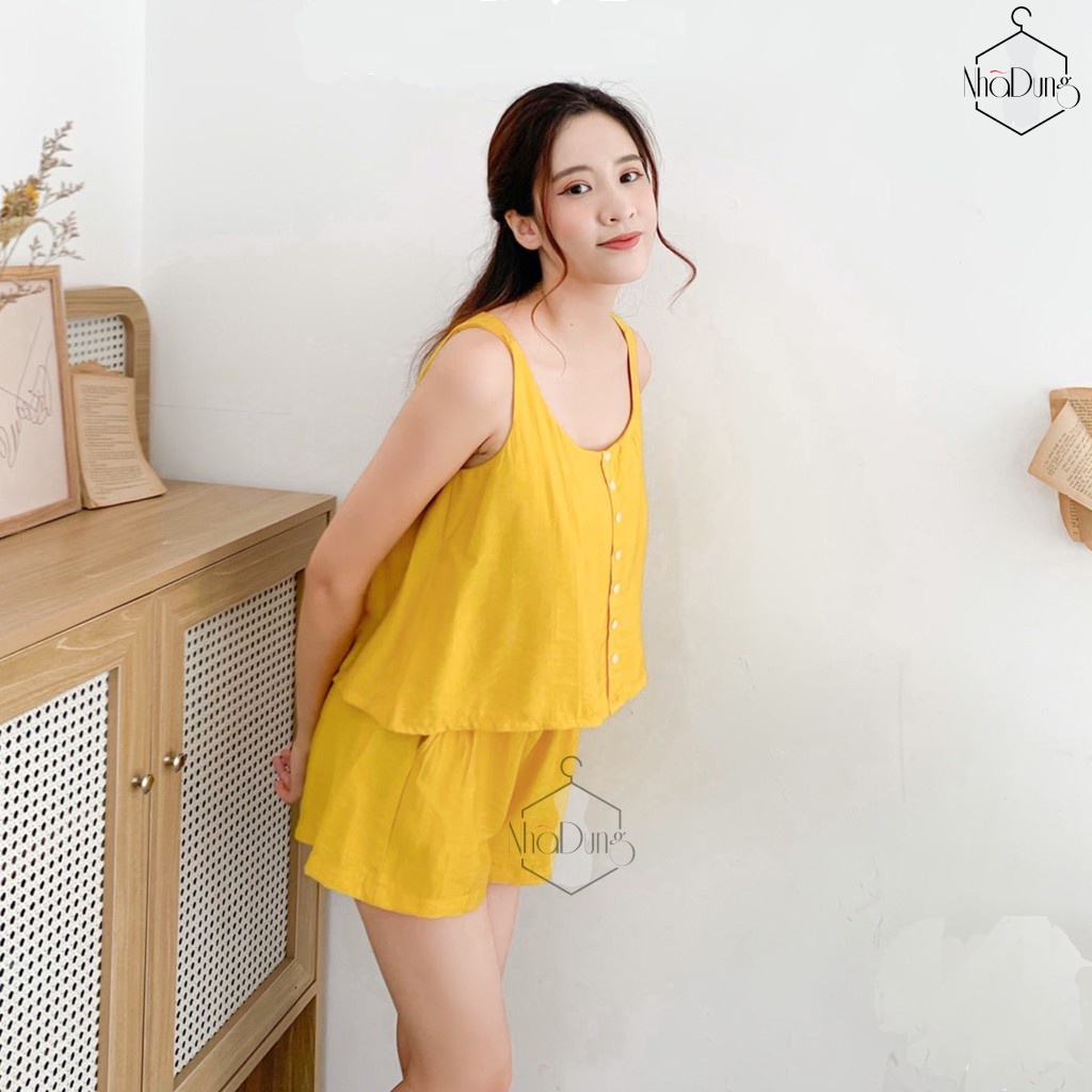 Đồ mặc nhà đồ ngủ nữ vải đũi nhăn mềm có túi cách điệu nút áo xinh xắn size từ 40-70kg | BigBuy360 - bigbuy360.vn