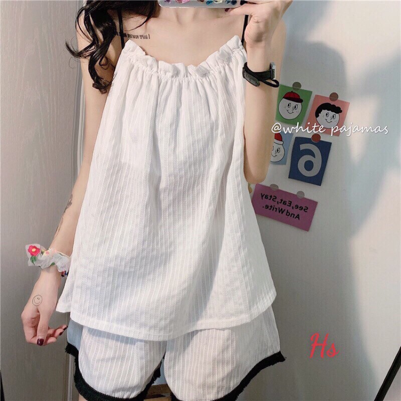 💃 Bộ Đũi Trắng 2 Dây Kèm Quần Đùi Chạy Viền Set Quần Áo Cộc Nữ | BigBuy360 - bigbuy360.vn