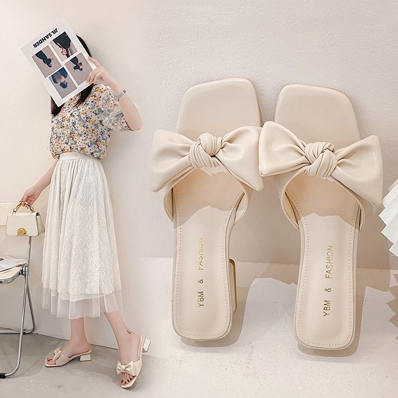 dép cao gót phối lơ đế 4cm da mềm êm chân mã 36