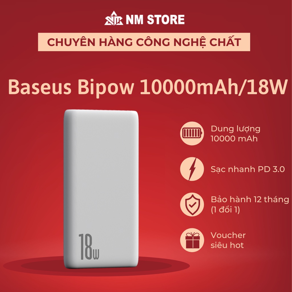 Pin dự phòng siêu nhanh Baseus Bipow 10000mAh 18W PD+QC được trang bị 3 cổng USB out, Type-C in/out, Micro in tiện lợi
