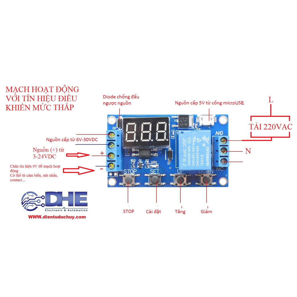 XY-J02 MẠCH TIMER/TẠO TRỄ/ ĐÓNG NGẮT THEO CHU KỲ (Khoảng cài đặt từ 0.1S - 999 PHÚT) - NGÕ RA RELAY