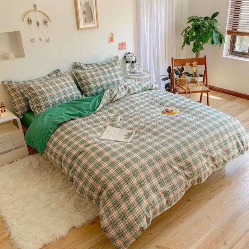 Bộ chăn ga cotton poly Kẻ Ô Hàn Quốc
