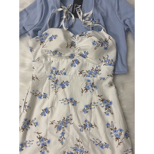 Set Đầm 2 dây hoa nhí 💖Ảnh Thật Cuối💖 - Set váy hoa nhí xanh xẻ tà kèm Áo khoác dệt kim mỏng NÀNG CLOSET