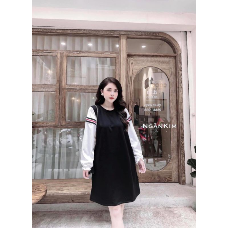 đầm đen suông tay trắng phối sọc