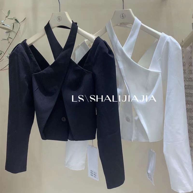 Ls Áo Sơ Mi Ngắn Cổ Vuông Thiết Kế Chéo Ngực Phong Cách Mùa Thu Pháp Cho Nữ