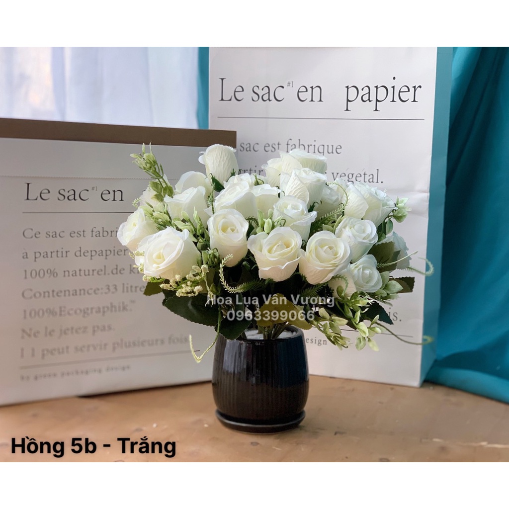 Hoa Giả  Hoa Hồng 5 Bông Lụa Trang Trí