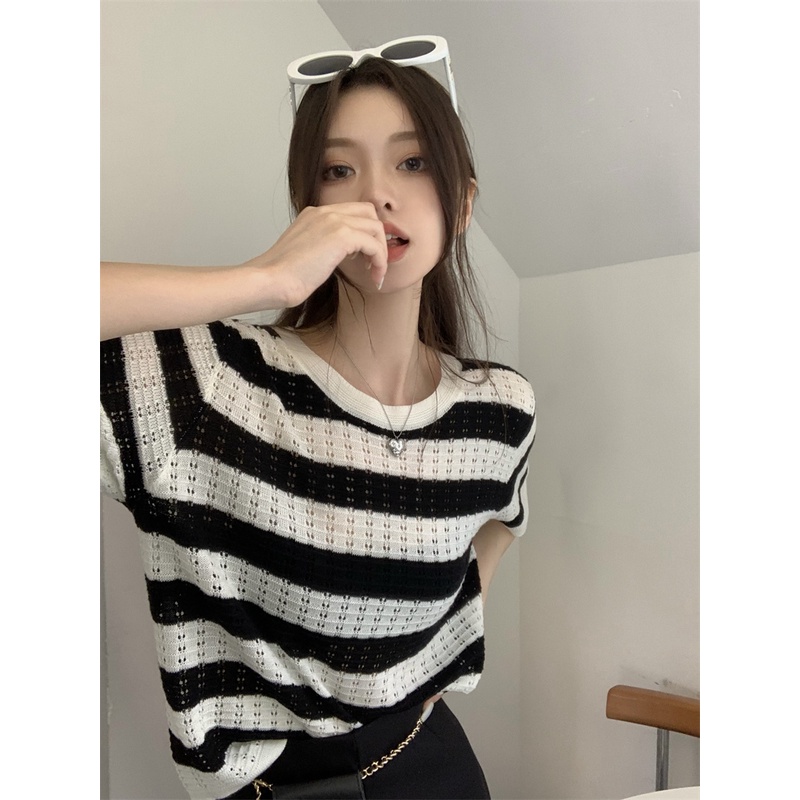 Xiaozhainv Áo Dệt Kim Tay Ngắn Cổ Tròn Kẻ Sọc Thời Trang Hàn Quốc | BigBuy360 - bigbuy360.vn