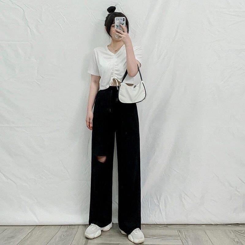 Quần ống rộng ulzzang rách 1 bên chất thun mềm mịn, siêu hack chân dài 110cm, lên form bao chuẩn
