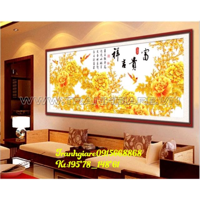 Tranh thêu chữ thập cao cấp hoa mẫu đơn tuyệt đẹp148×61cm