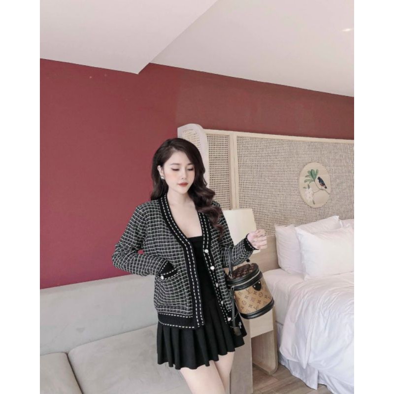 A503 Áo Khoác Len, Áo khoác cadigan chạy viền 2 tone màu trắng đen basic, phối túi 2 bên và cúc ngọc | BigBuy360 - bigbuy360.vn