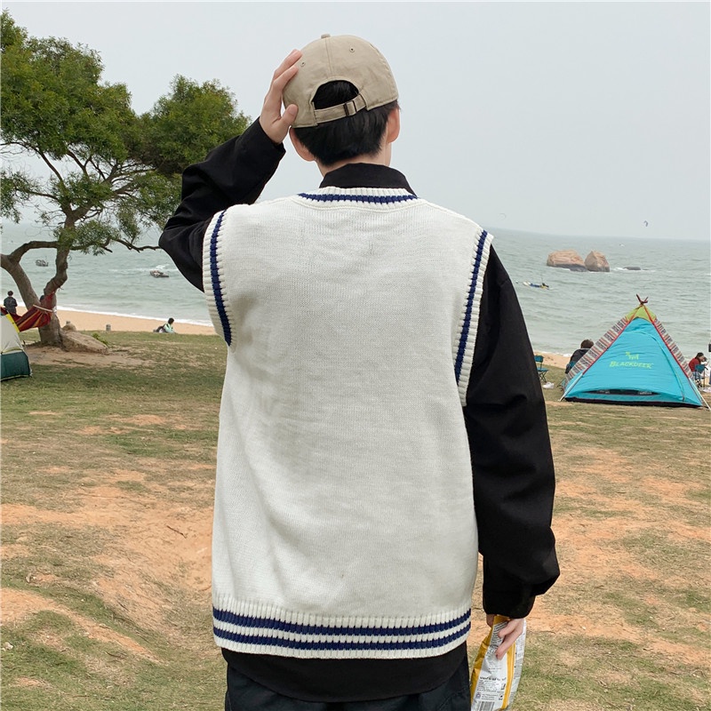 Áo sweater không tay cổ chữ V dáng rộng phong cách mùa thu cho nam