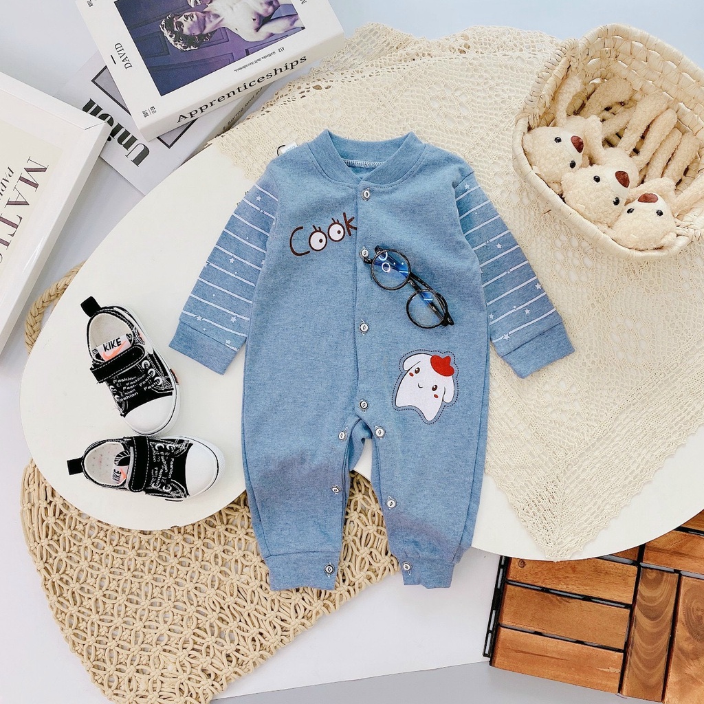 Body dài cotton nỉ cúc giữa in hình Cook cho bé, body dài cho bé sơ sinh