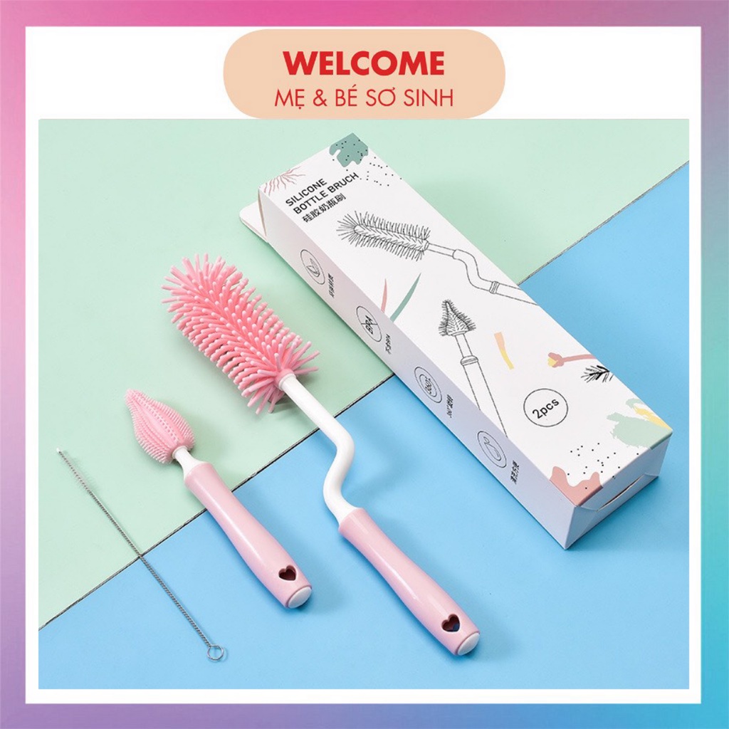 Cọ rửa bình sữa Silicon cao cấp tay cầm xoay 360 độ gồm 3 chi tiết dùng cho mọi loại bình